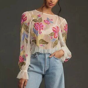 Anthropologie NWT The Layla Long Sleeve appliqué Mesh Blouse in White xxs